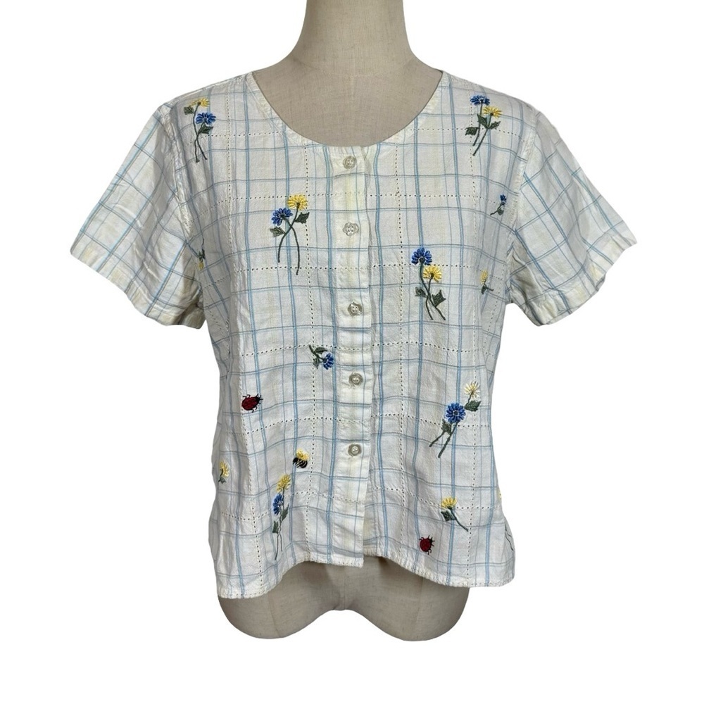 True Vintage Casey & Max Cotton Linen Embroidered Boxy Butter Yellow Top 80s 90s